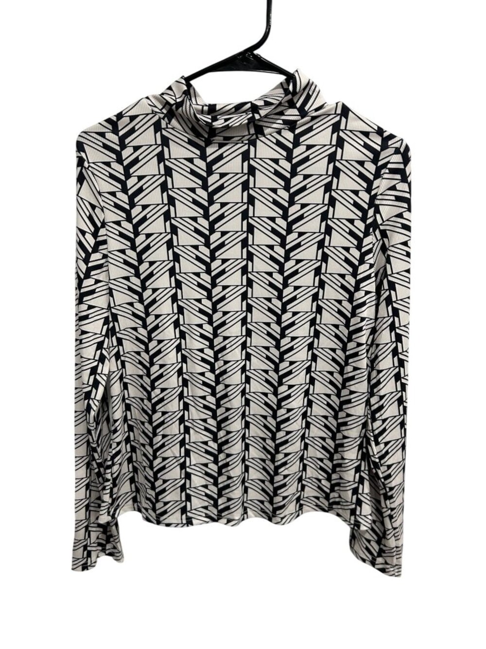 Womens Black White Geometric Print Turtleneck Top Size Large Minimalist Mod